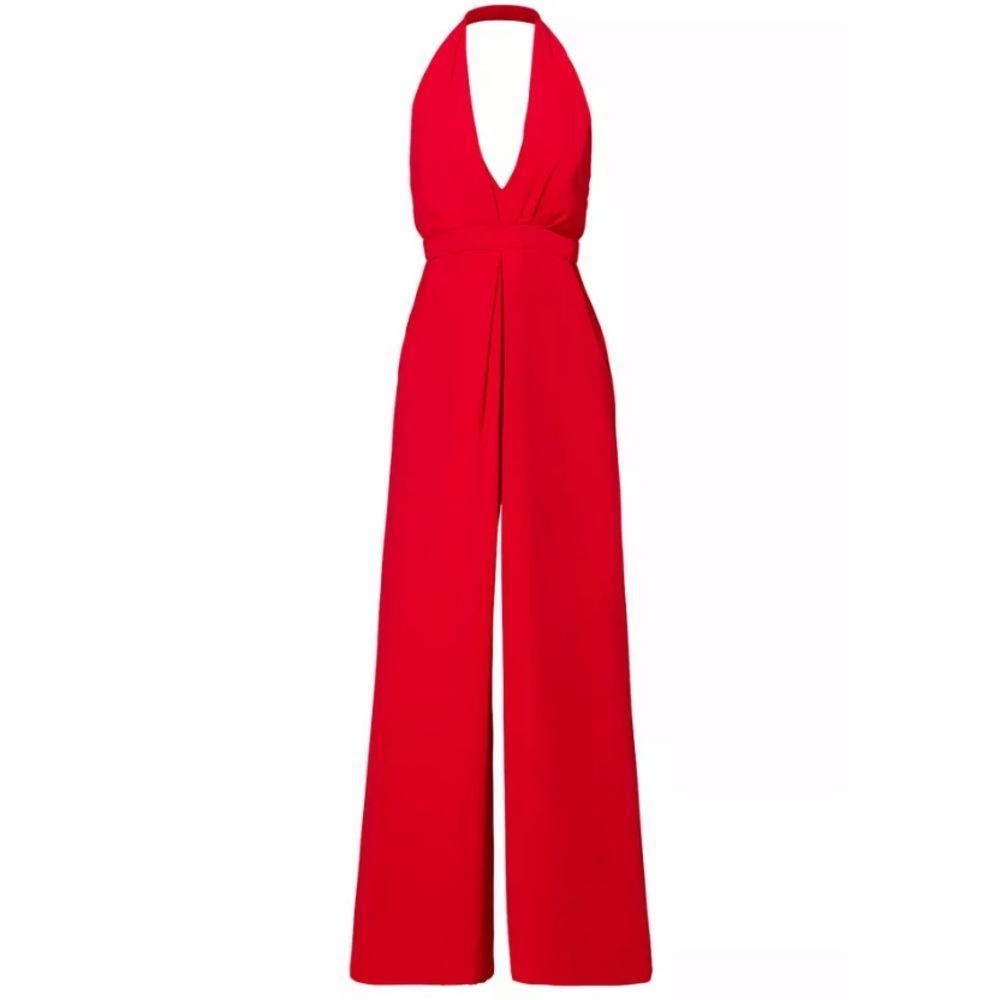 Jill Stuart-Red Halter Pocketed Plunge Jumpsuit 12